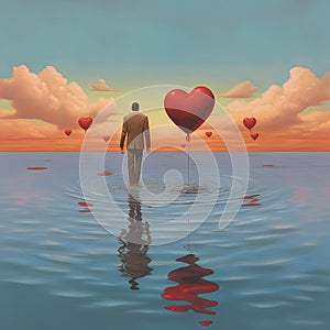 Illustration of a man in a suit walking in water around him red balloons shaped like hearts. Heart as bol of affection and