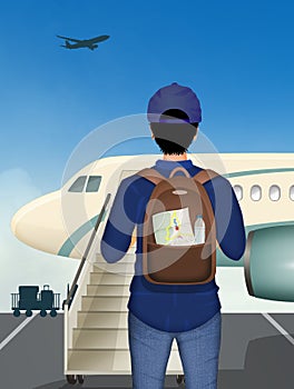 Illustration of man travels by plane