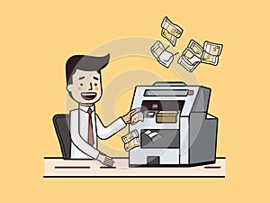 Illustration of Man Using Money Counting Machine
