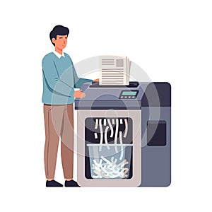 Paper Shredder, Man Shredding Documents, Data Security Illustration