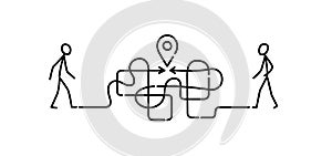Illustration of a man walking through a maze to a meeting point. Vector. The maze is like a brain. Metaphor. Linear style.