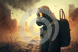Illustration of Man Wearing Gas Mask in Apocalyptic Post-War Scene. Generative AI