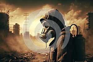 Illustration of Man Wearing Gas Mask in Apocalyptic Post-War Scene. Generative AI