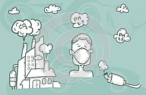 Illustration man wearing mask against smog.,air pollution, industrial smog protection concept flat style design vector