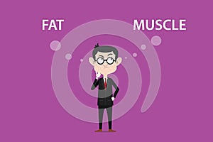 Illustration of a man wearing spectacles confuse about the difference between fat or muscle