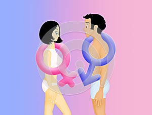 Man and woman with male and female symbols