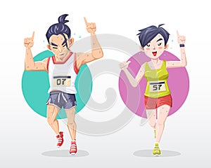 illustration Man and woman marathoner do number one sign with smile