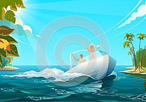 People on boat in ocean, illustration of man and woman riding a boat at shore in ocean in sunny day.