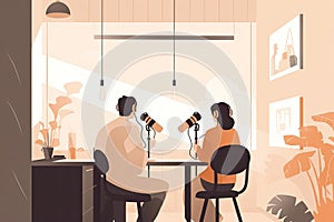 Illustration of man and woman sit at table with microphone stand lead online stream conversation using computer. On-air