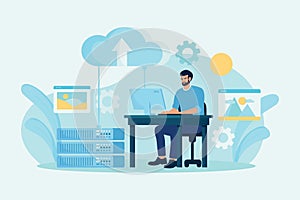 Illustration of Man Working on Cloud Computing in a Modern Office