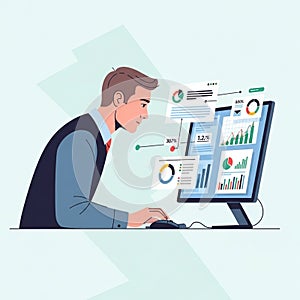 An illustration of a man working at a computer, focused on data visualization. He is