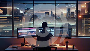 Illustration of a man working late at night. Back view. Big city night view as background, laptop and computer screen. 4K Footage.