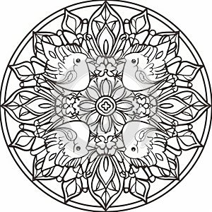 Illustration of a mandala with birds on a white background.