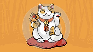 Illustration of maneki neko talisman cat beckoning wealth