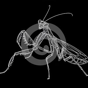 An illustration of a mantis in monochrome, featuring elongated legs and antennae.