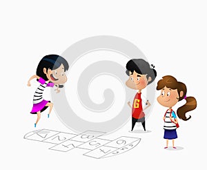 Illustration of many children playing hopscotch