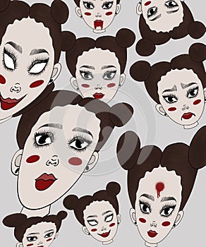 illustration. many scary frightening faces of one strange girl who has mental disorders of multiple personality and suffers from