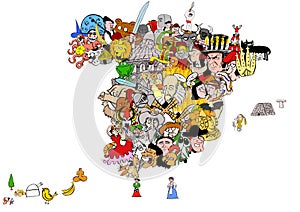 Illustration of the map of Spain formed with illustrations on the History, culture and gastronomy of each place in the country