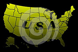 illustration map of the USA in golden color on a black background, relief