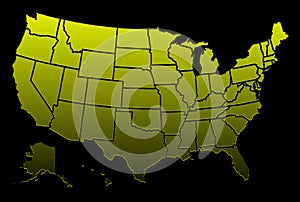 illustration map of the USA in golden color on a black background, relief