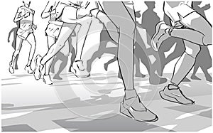 Illustration of marathon long short distance runners crowd people