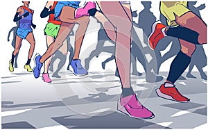 Illustration of marathon long short distance runners crowd people