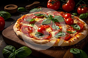 Illustration of Margherita pizza garnished with fresh basil, look delicious. Generative AI
