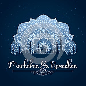 Marhaban Ya Ramadhan. Ramadan Kareem greeting with mosque and floral pattern on night sky background photo