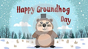 Illustration of a marmot in the snow with the text Happy Groundhog Day