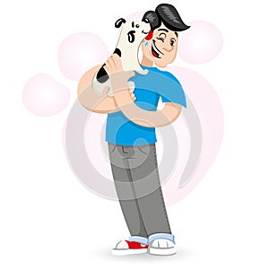 Illustration mascot bob hugging a dog demonstrating a lot of affection