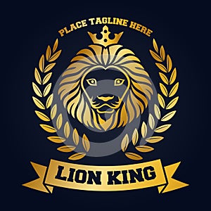 Mascot king of gold lion`s head on blue background photo