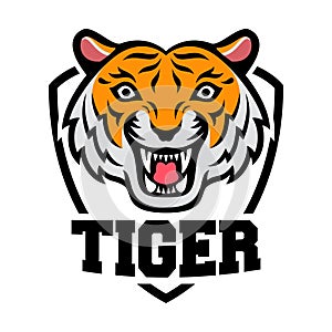 Mascot of orange white tiger`s head on shield background