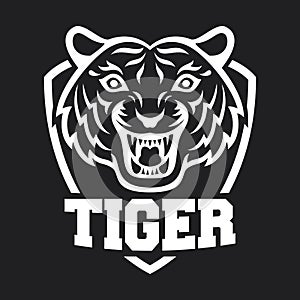 Mascot of white tiger`s head on shield background