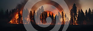 A panorama of a huge forest fire burning trees during the evening