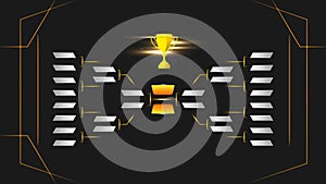 Illustration of match schedule playoff in sport tournament with golden cup against black background. Final stage photo