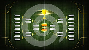 Illustration of match schedule playoff in sport tournament with golden cup against stadium field background. Final stage