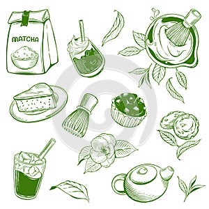 Illustration of matcha tea set