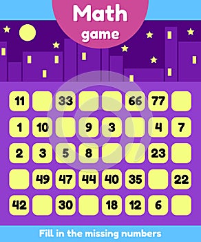 Illustration. Math game for preschool and school age children. Fill the missing numbers. Find a sequence.