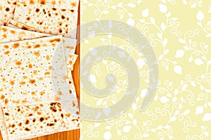 The illustration of matzah for jewish passover. An overhead photo of Jewish matza on the wooden chopping board. Holiday illustrati