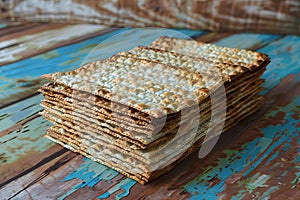 Matzah set on a colorful wooden background, copy space, free photo for commercial use photo
