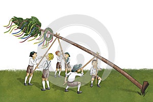 illustration of a maypole being set up by strong men photo