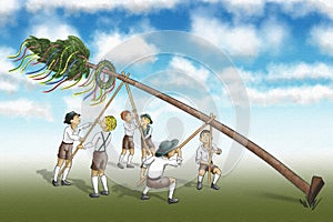 illustration of a maypole being set up by strong men
