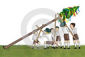 illustration of a maypole being set up by strong men