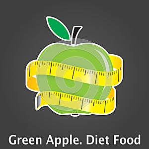 Illustration of measuring tape around fresh green apple. Diet concept. Vector illustration