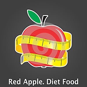 Illustration of measuring tape around fresh red apple. Diet concept. Vector illustration