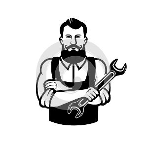 Illustration of mechanic with wrench. Design element for emblem, sign, badge.