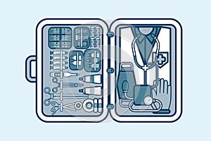Illustration of medical supplies, drugs, pills, tools, clothing in line style