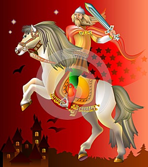 Illustration of medieval knight riding on horse.