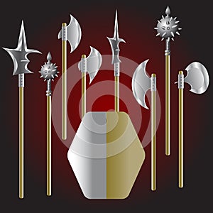 Illustration of medieval weapons and shield