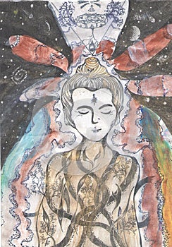 Illustration of a meditating buddha on a background of space.